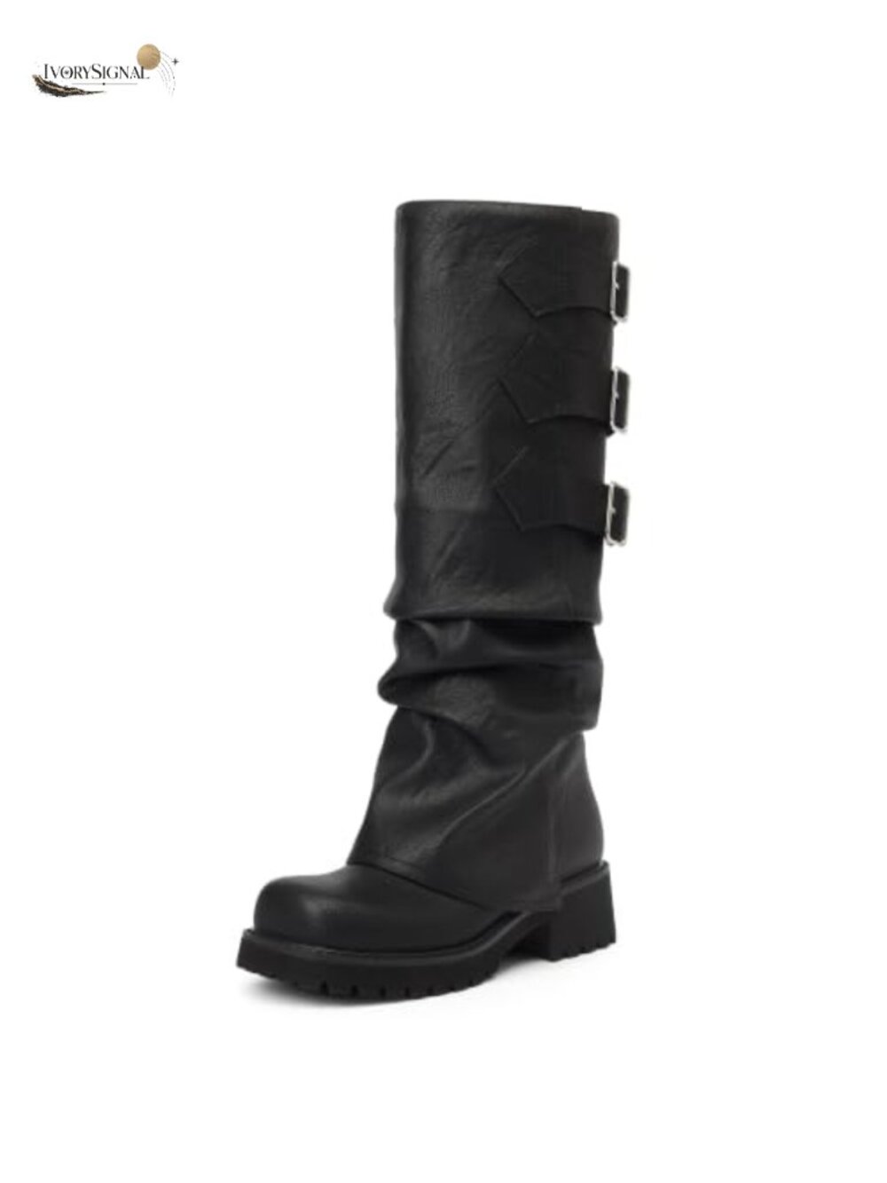 Knee High Moto Riding Boots, Fold Over Block Heel Platform, Faux Leather Square
